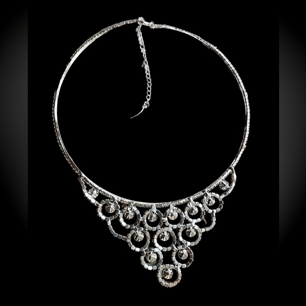SIGNED NATASHA COUTURE CRYSTAL CHOKER NECKLACE | SILVERTONE STATEMENT - Picture 2 of 4